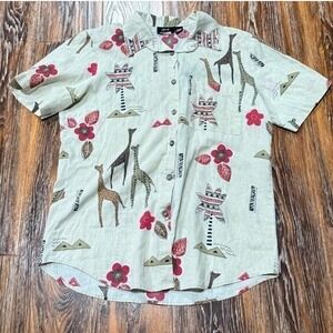 Vintage Women's M Button Up Shirt Red Floral Brown Animal Giraffe Print Unique